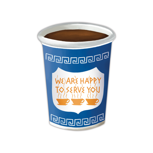 Blue paper cup die-cut bookmark with 'We are happy to serve you' text and coffee design on a white background
