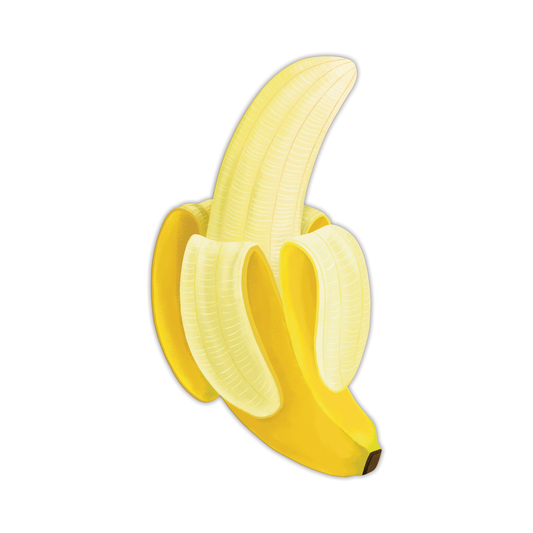 Die-cut peeled banana bookmark featuring realistic yellow banana with bright yellow peel partially opened showing pale yellow fruit inside on white background 