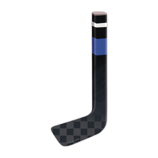Black hockey stick bookmark with blue and white stripe and checkered blade on white background
