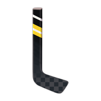 Black hockey stick bookmark with yellow and white stripe and checkered blade on white background