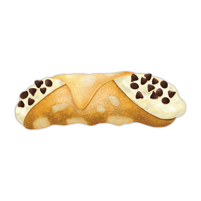 Die-cut Italian cannoli bookmark featuring crispy golden pastry shell filled with white ricotta cream, mini chocolate chips on both ends, and dusted with powdered sugar on white background 