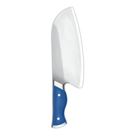 Chef's knife paper die-cut bookmark with silver blade and blue handle with rivets on white background 