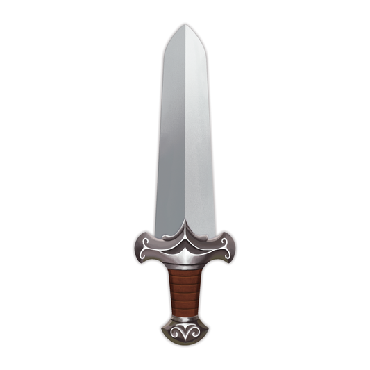 Fantasy sword paper die-cut bookmark with silver blade, ornate guard, and brown leather-wrapped handle on white background
