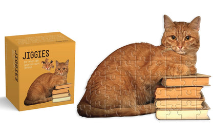 mini puzzle of an orange  cat laying on a stack of books with packaging box next to it