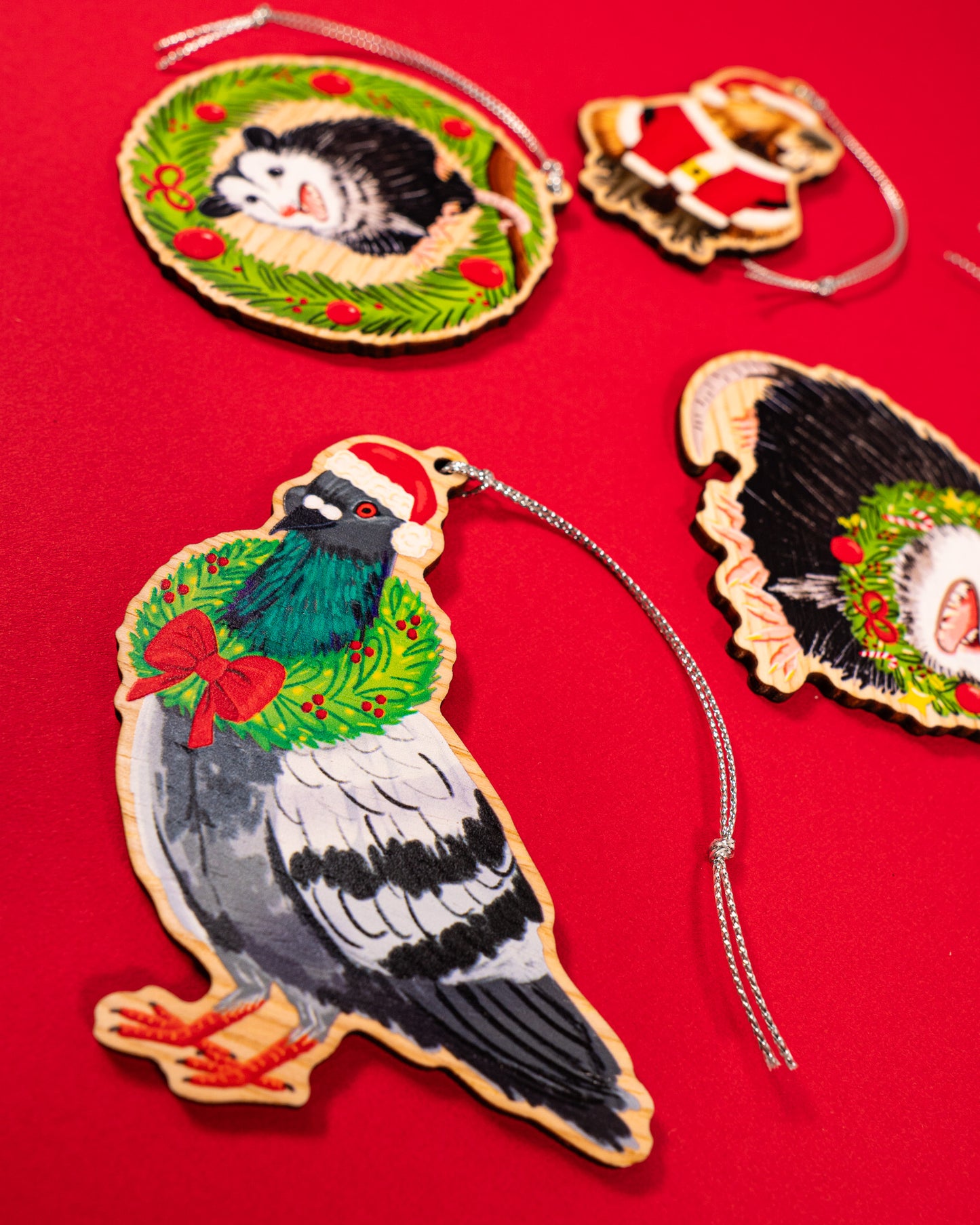 Pigeon With Festive Wreath Wood Christmas Ornament