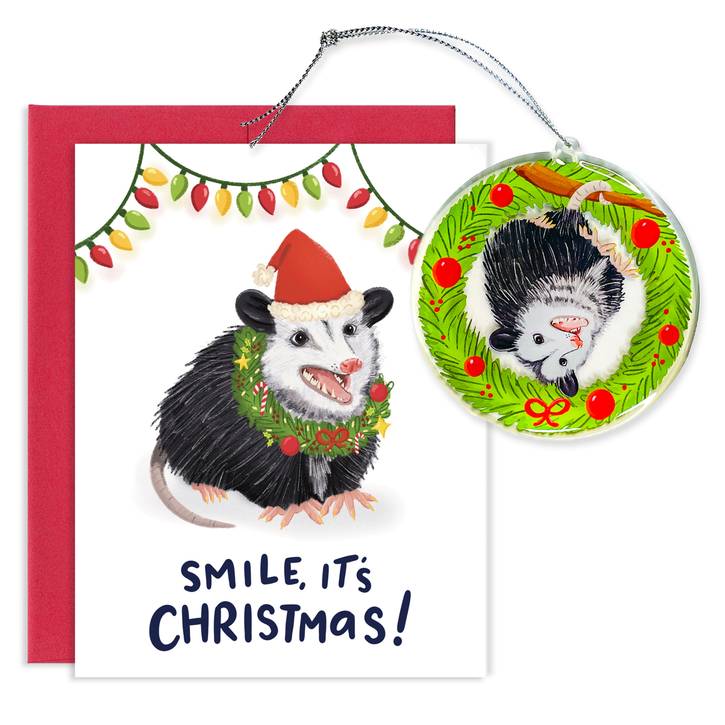 Opossum Holiday Wreath Ornament Set