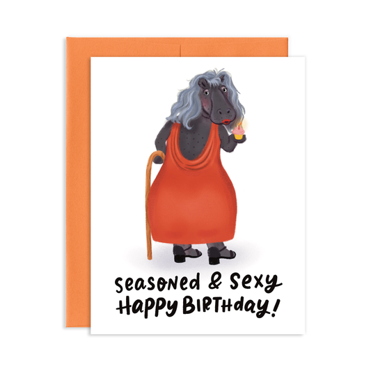 Seasoned & Sexy Hippo Birthday Greeting Card  | Old Logo