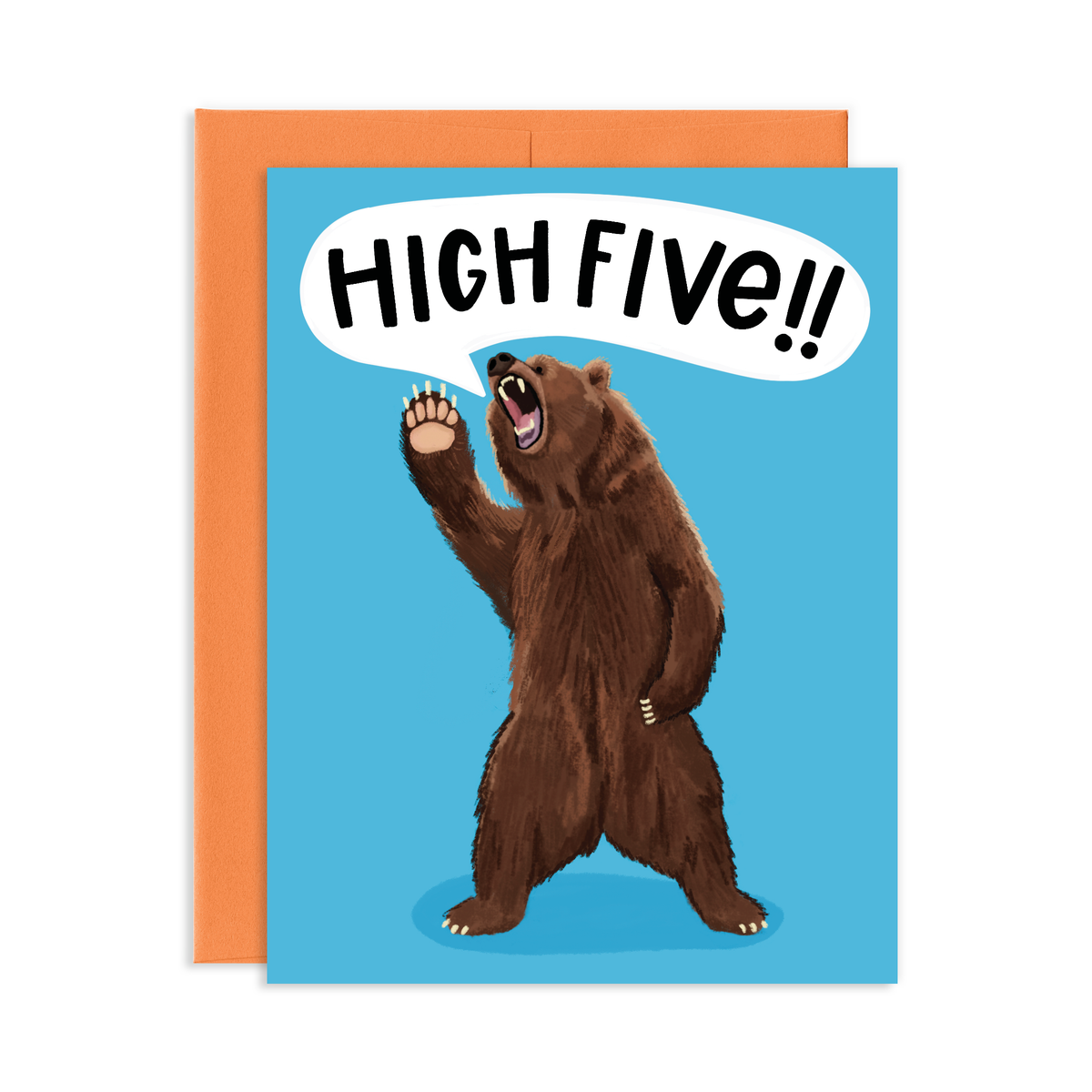 Congratulations greeting card with roaring brown bear raising paw saying 'HIGH FIVE!!' on blue background with orange envelope