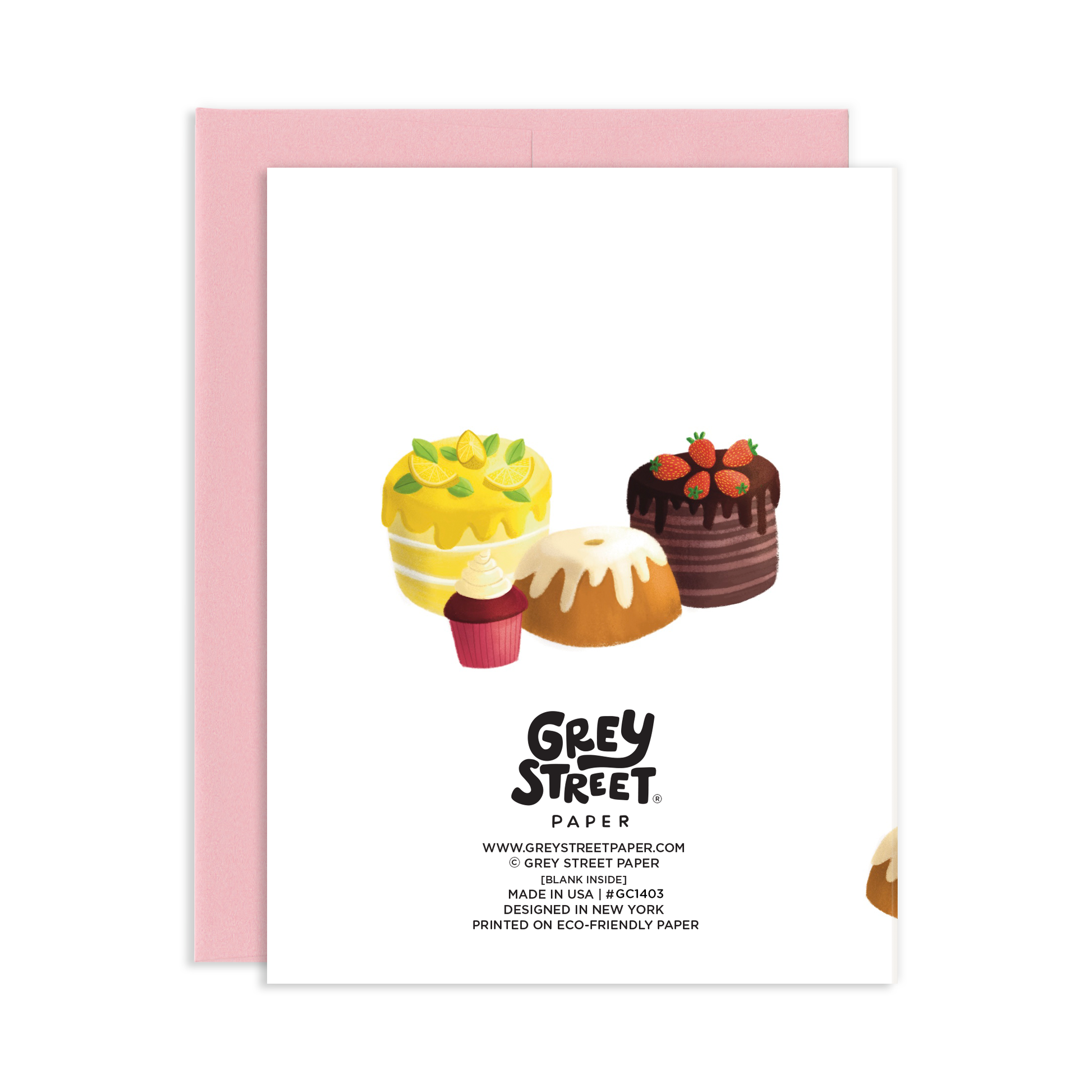 Back view of a greeting card with an illustration of lemon cake, German chocolate cake, and cupcake with a pink envelope.  