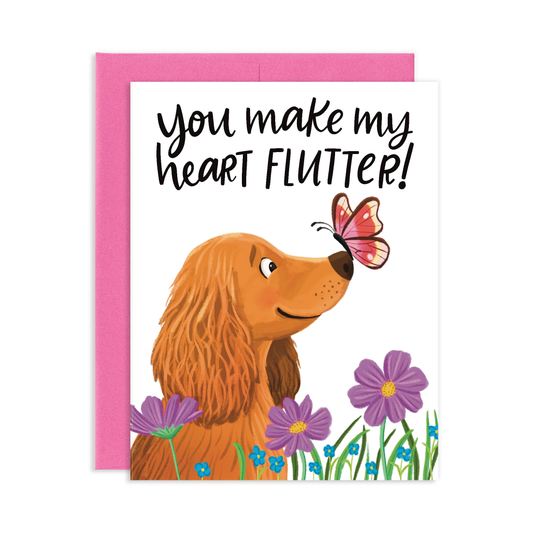 You Make My Heart Flutter Cute Dog Admiring Butterfly Valentine Greeting Card