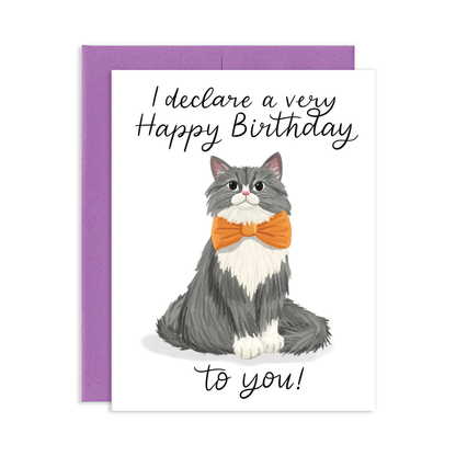 Birthday card with a cat wearing an orange bow tie and I Declare A Very Happy Birthday To You text on with purple envelope