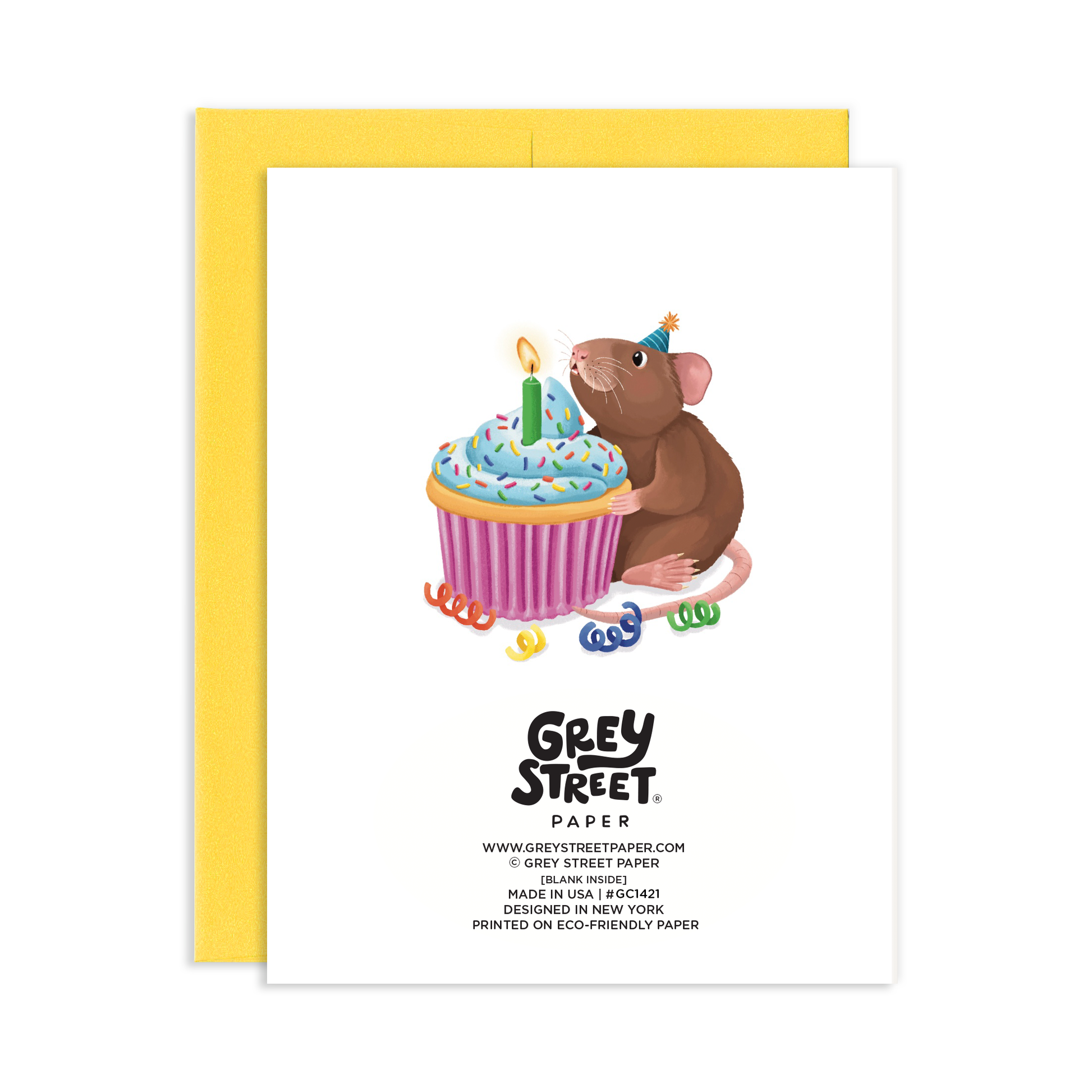 back view of Greeting card with a mouse and birthday cake illustration, featuring Grey Street Paper branding.
