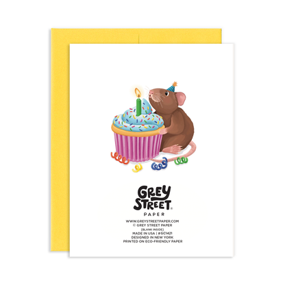 back view of Greeting card with a mouse and birthday cake illustration, featuring Grey Street Paper branding.