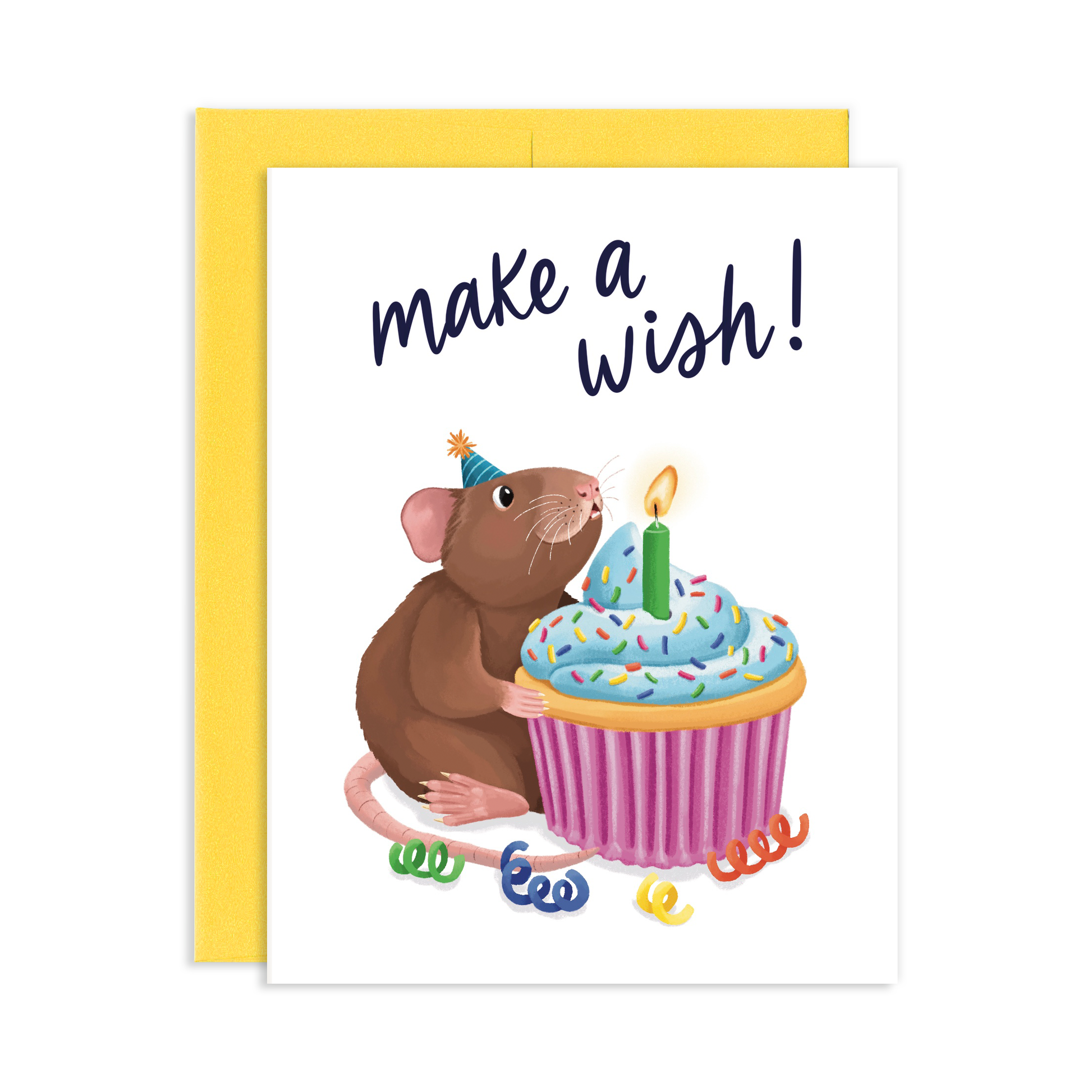 Greeting card with a mouse holding a birthday cupcake blowing a lit candle and 'make a wish!' text, yellow envelope.