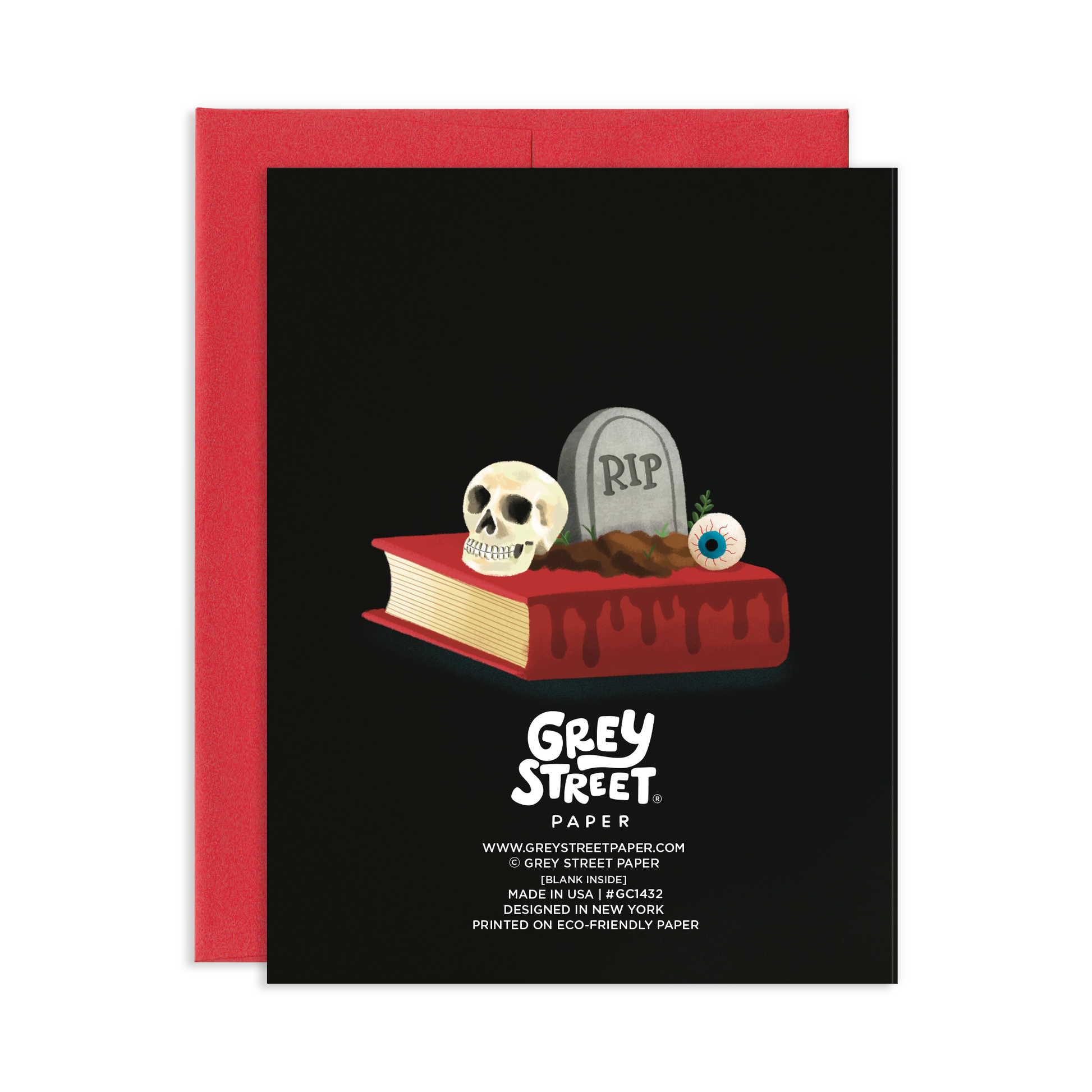 Have a Killer Birthday greeting card with stack of horror books, skull and crossbones, bloody knife, candle, ghost, eyeball, and RIP headstone on black background with red envelope