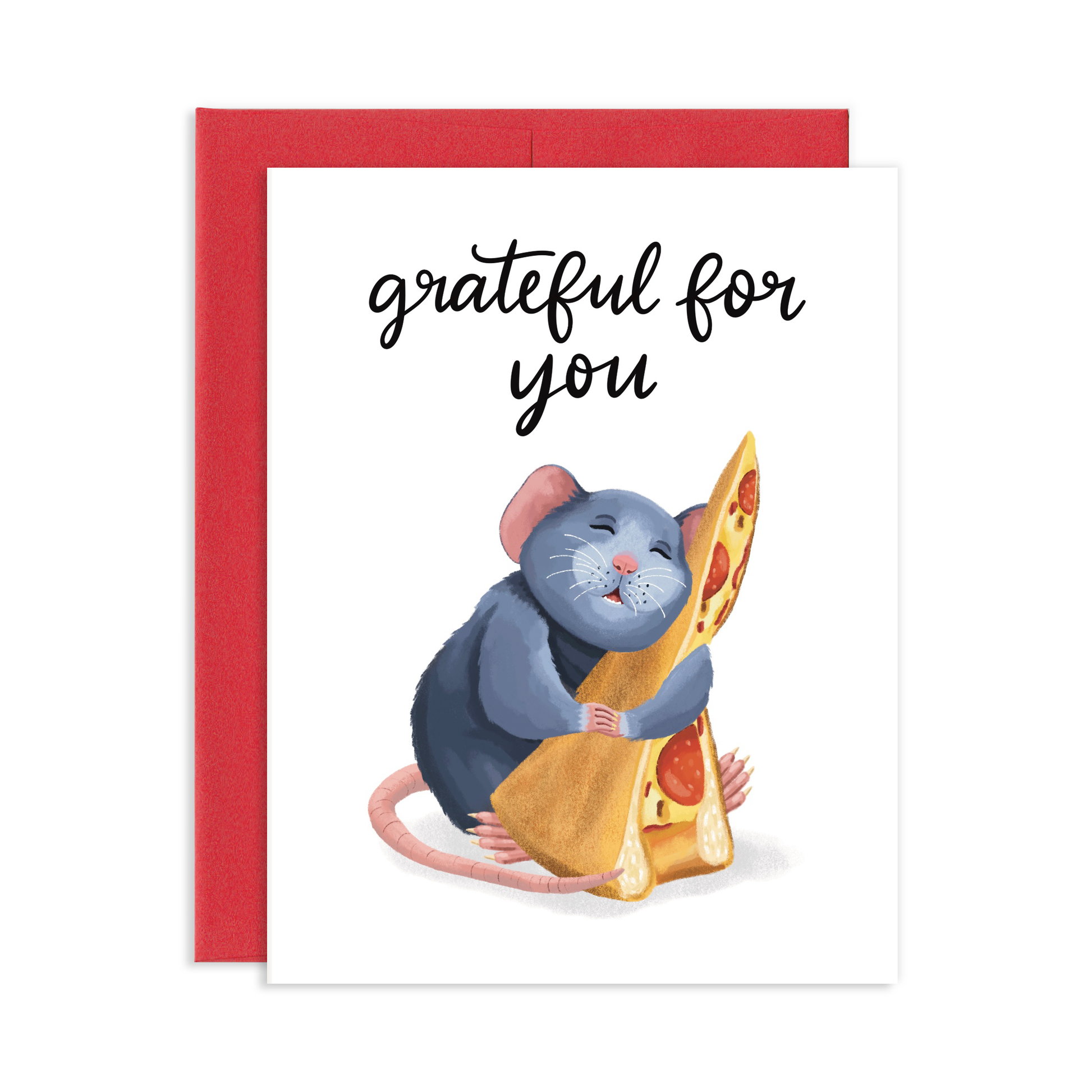 Card with a cartoon mouse holding pizza and the text 'grateful for you' on a white background with red envelope.