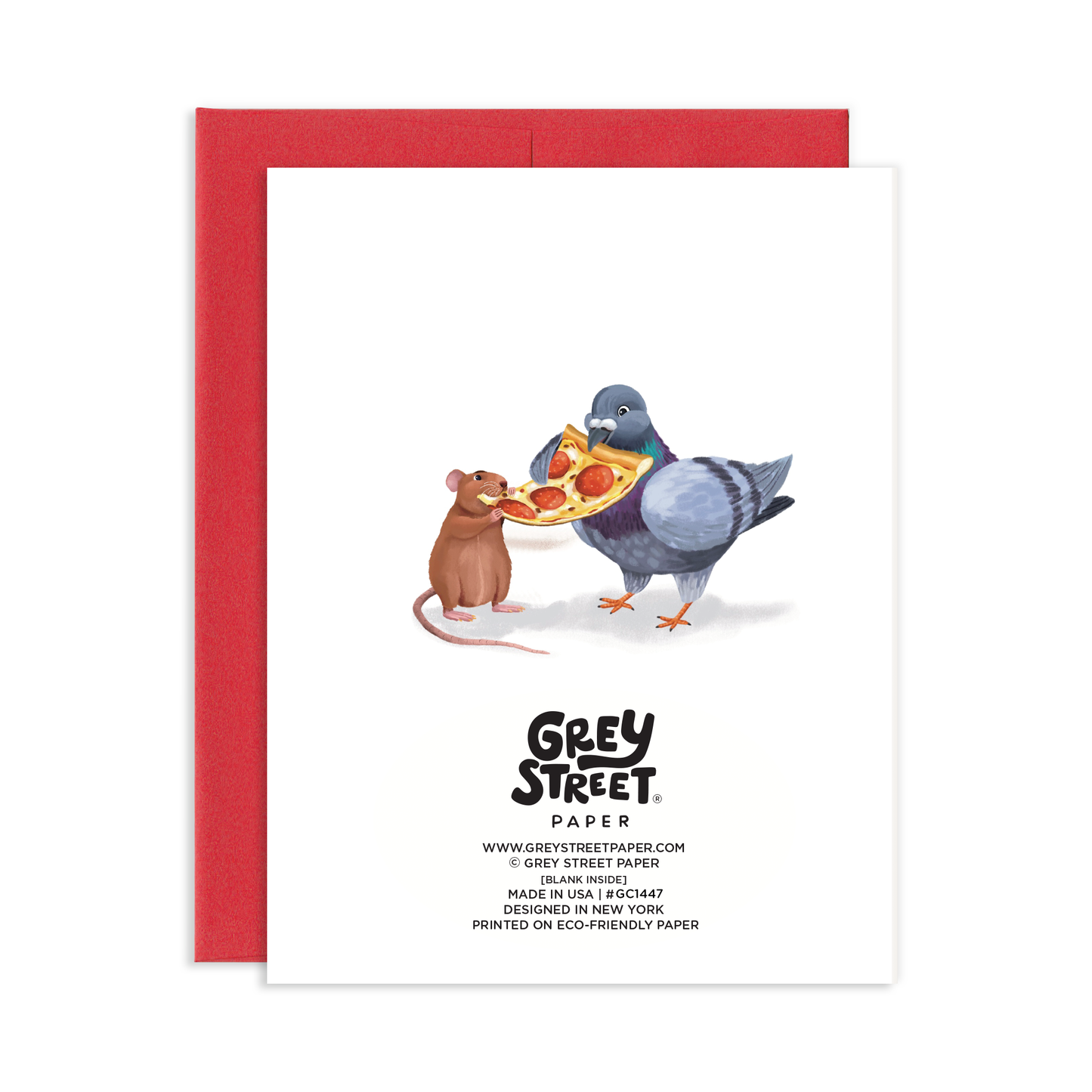 Card with a pigeon and mouse sharing a pizza, featuring Grey Street Paper branding.
