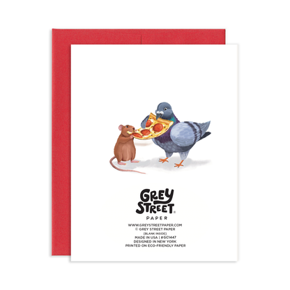 Card with a pigeon and mouse sharing a pizza, featuring Grey Street Paper branding.