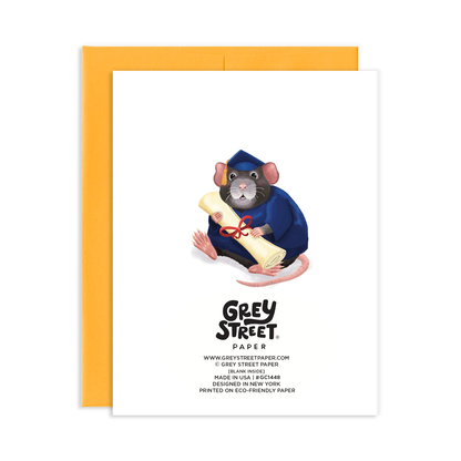 Card back view with a cartoon rat in a blue robe holding a scroll, on a white background with 'Grey Street Paper' branding.