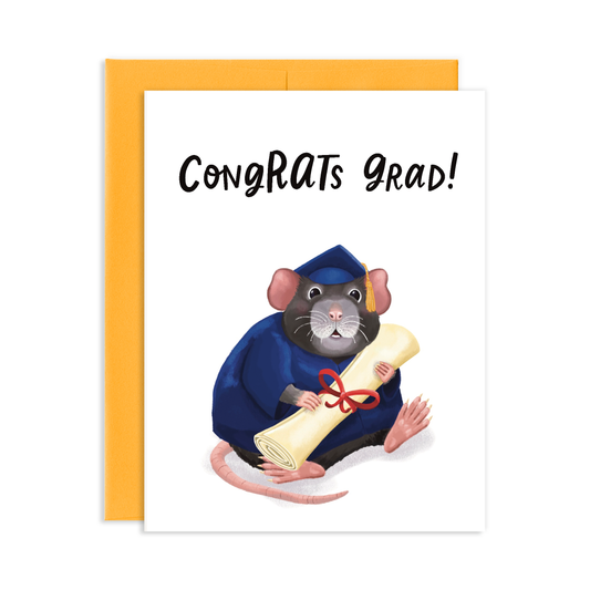 Graduation card with a rat in a blue cap and gown holding a diploma, Congrats grad text set against a white background with a light orange envelope.