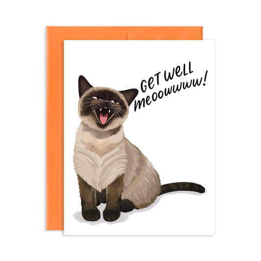 Card with a meowing cat illustration and 'Get Well Meoowww!' text on with orange envelope