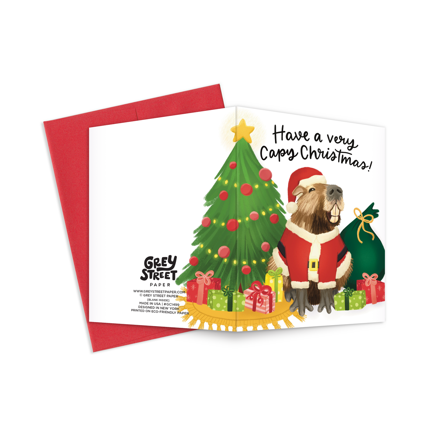 Christmas card with a capybara in a Santa suit and Christmas tree, featuring 'Have a very Capy Christmas!' text.