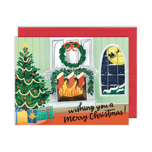 Christmas Tree Fireplace Scene Merry Christmas Greeting Card