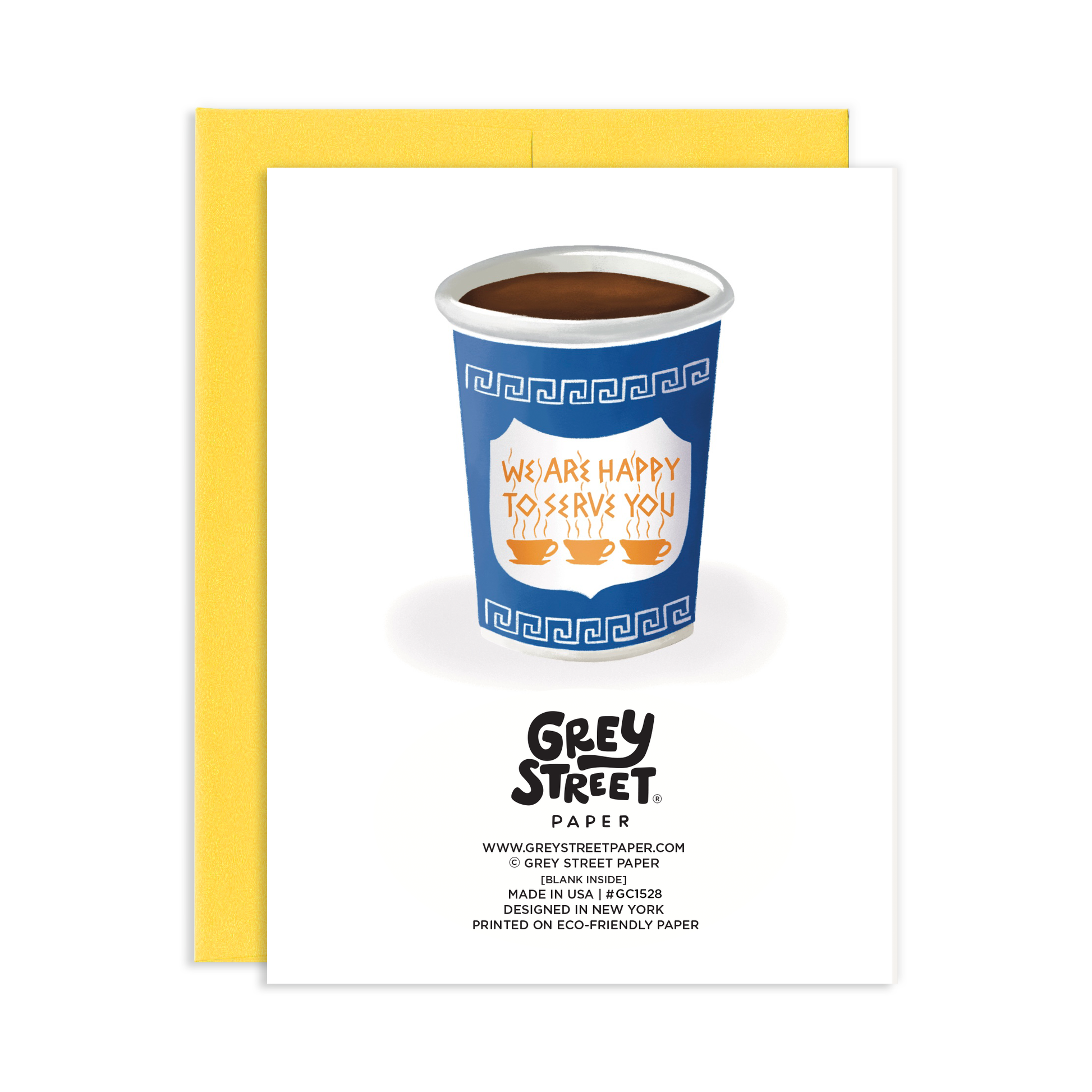 back view of Card with a coffee cup design and 'Grey Street Paper' branding on a white background.