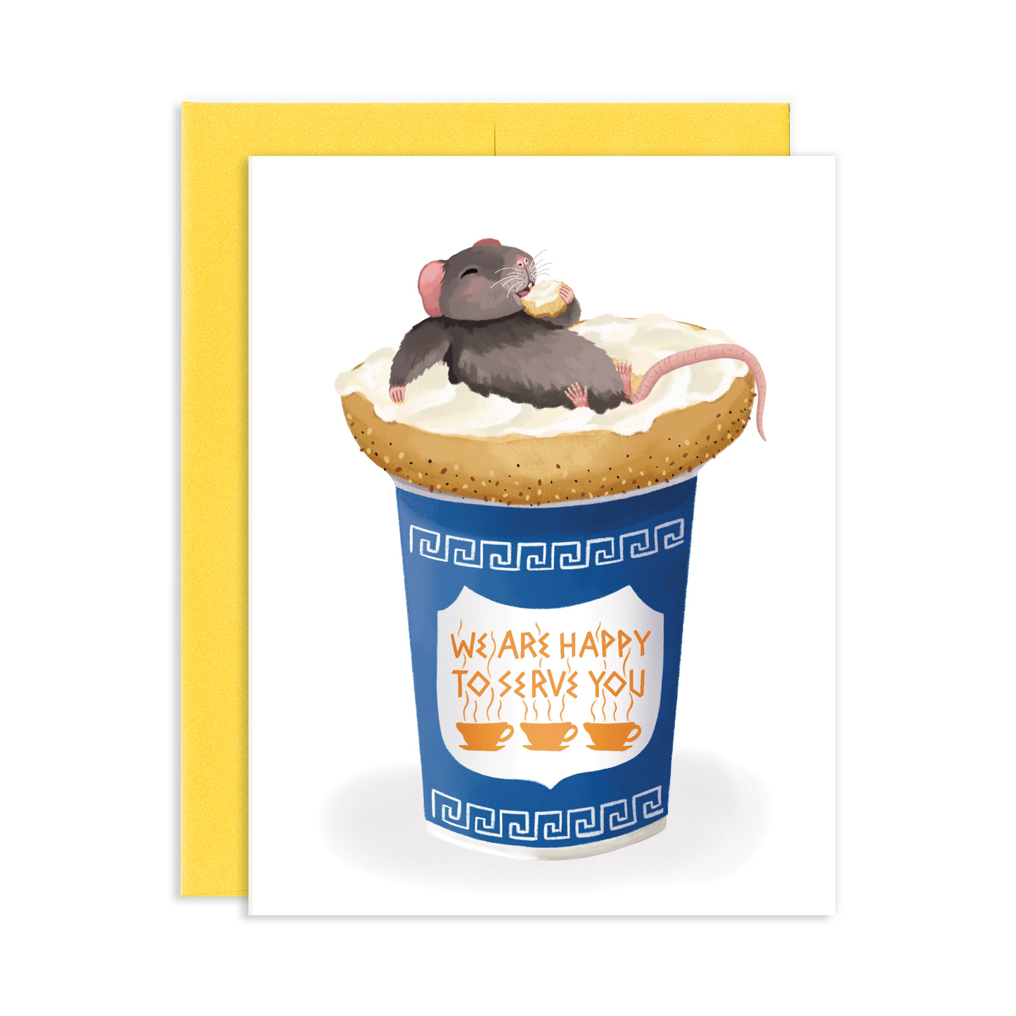 Card with a rat on a bagel on top of a blue coffee cup and 'We are happy to serve you' text, yellow envelope