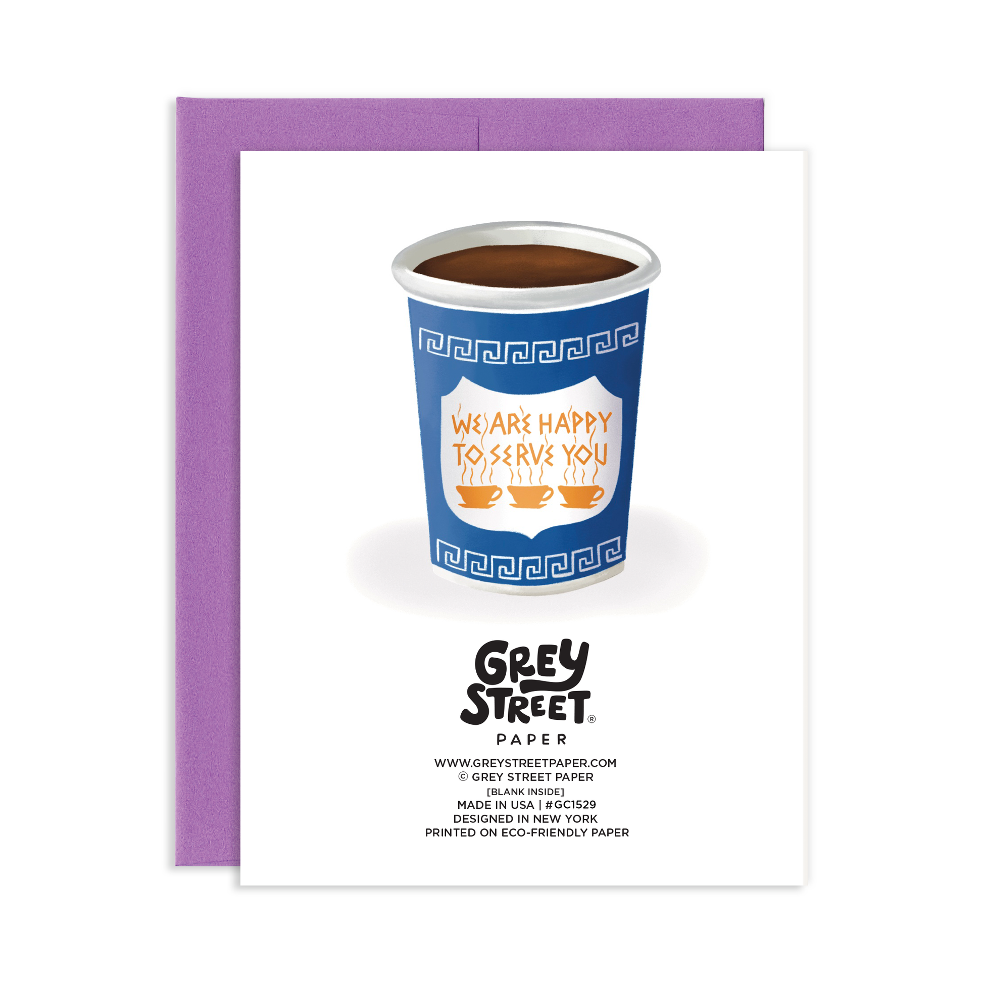 back view of Greeting card with a coffee cup design and 'Grey Street Paper' branding.