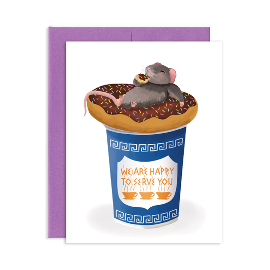 Card with a rat on a donut and coffee cup design, featuring the text 'We are happy to serve you' and purple envelope