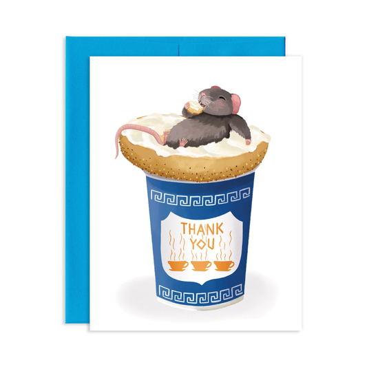 Card with a cartoon rat on a bagl on top of a blue coffee cup and 'Thank You' text with a blue envelope