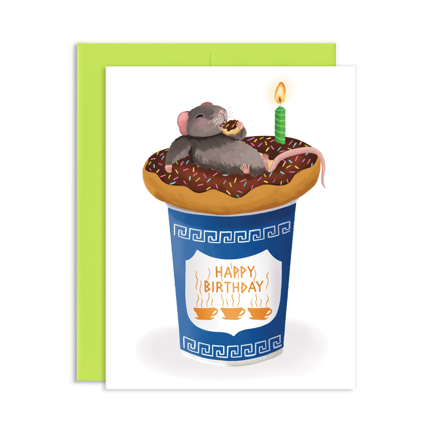 Birthday card with a rat on a donut in a coffee cup, lit candle, and 'Happy Birthday' text.