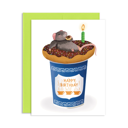 Birthday card with a rat on a donut in a coffee cup, lit candle, and 'Happy Birthday' text.