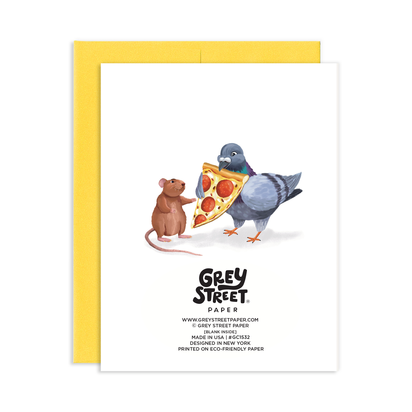 Greeting card back view with a pigeon and mouse sharing a slice of pizza, featuring Grey Street Paper branding.