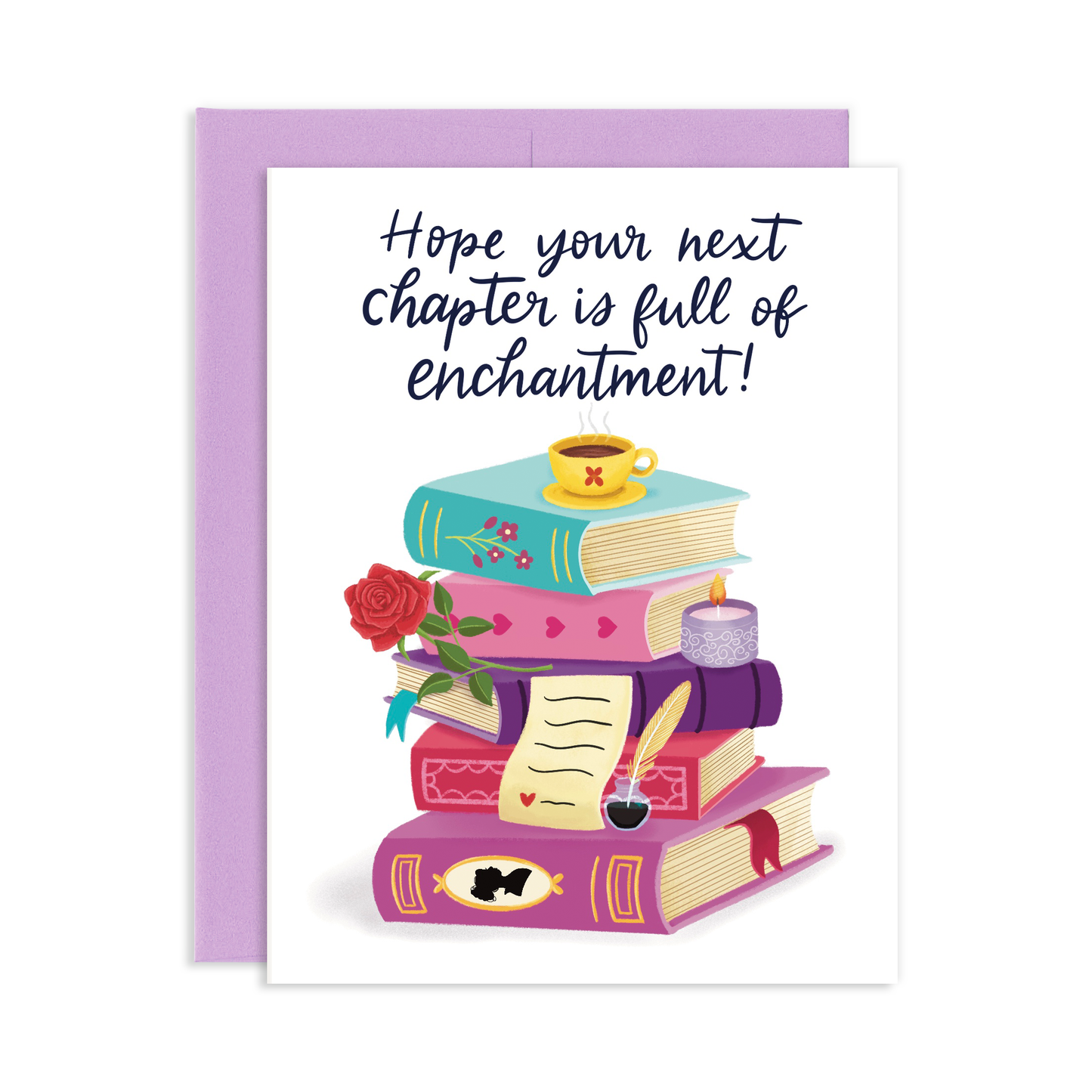 Greeting card saying 'Hope your next chapter is full of enchantment!' with colorful stack of romance books, red rose, coffee cups, love letter, and quill on white background with light purple envelope