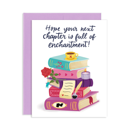 Greeting card saying 'Hope your next chapter is full of enchantment!' with colorful stack of romance books, red rose, coffee cups, love letter, and quill on white background with light purple envelope