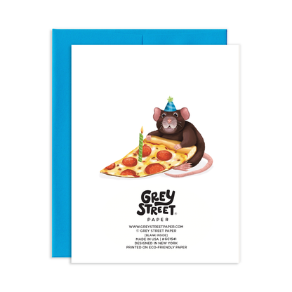 Greeting card back view with a rat  holding a slice of pizza and a birthday candle, branded 'Grey Street Paper'.