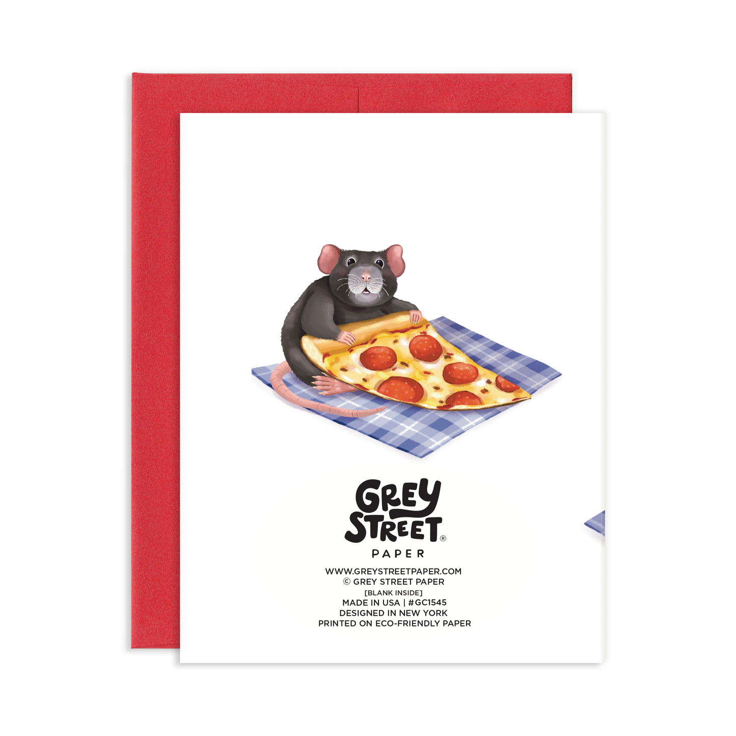 Card with a rat eating pizza on a checkered blanket, featuring the Grey Street Paper logo.