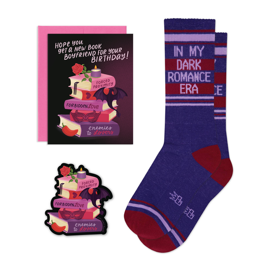 Purple socks with In My Romance Era text and a book-themed Romance Birthday card , and a romance book theme sticker on a white background