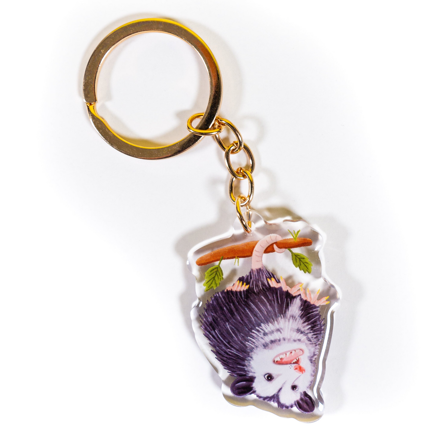 Hanging opossum screaming acrylic keychain with gold ring showing upside down possum with open mouth on branch with green leaves on white background - Grey Street Paper