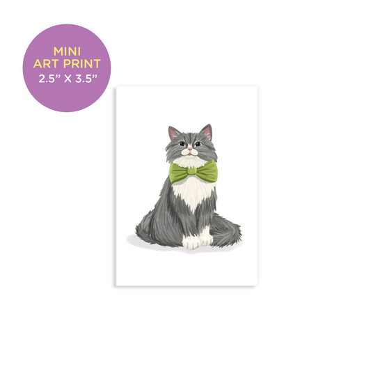 Cute Smiling Grey Cat with Green Bowtie Mini Art Print