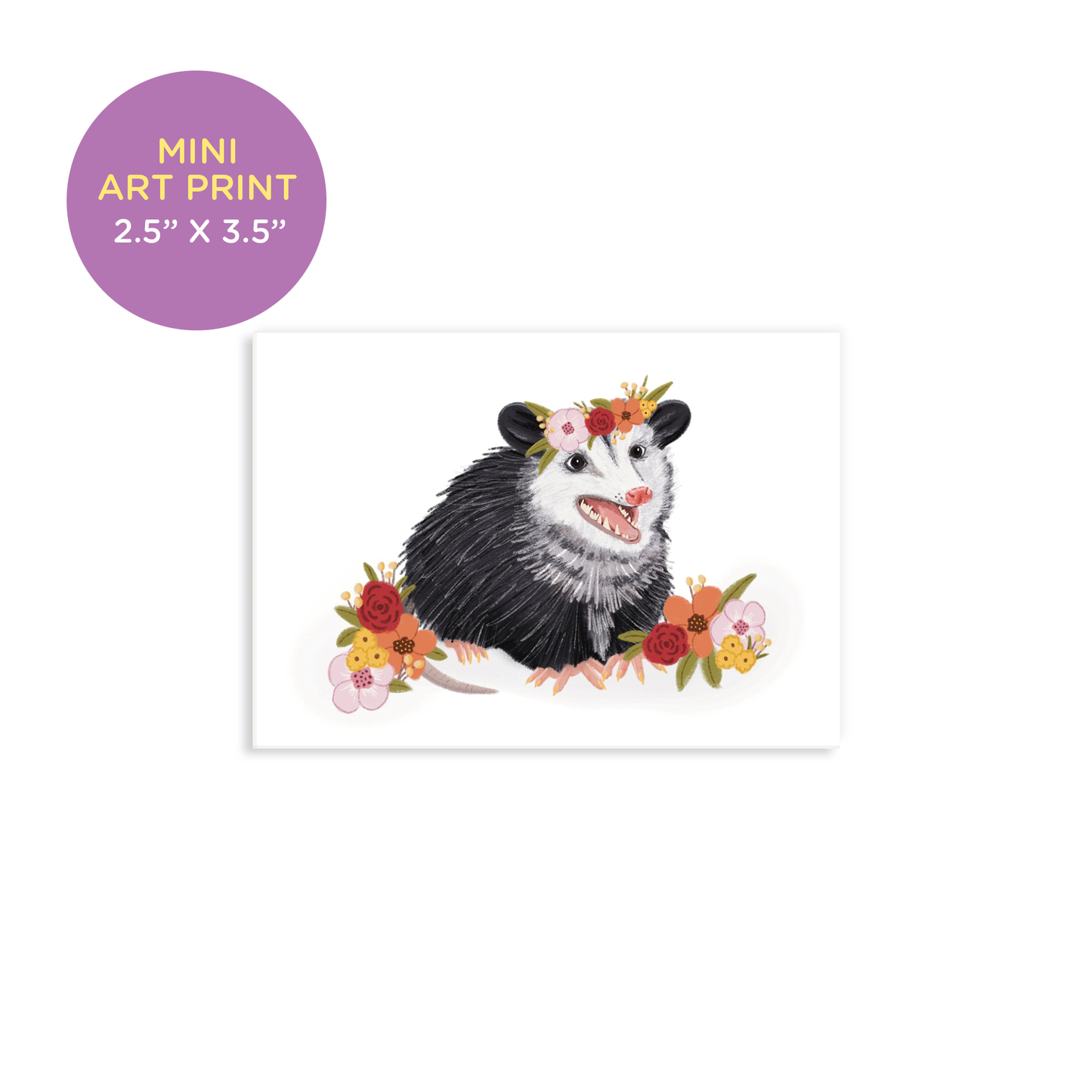 Smiling Opossum Wearing Flower Crown Mini Art Print