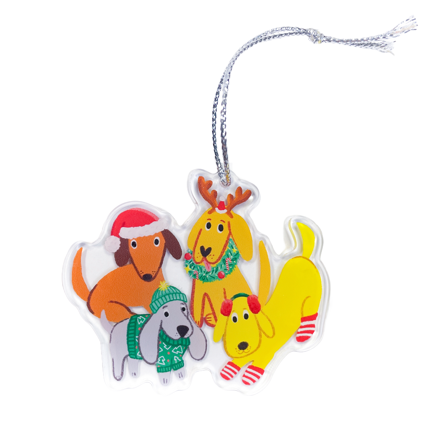 Decorative dog ornament wearing festive accessories on clear acrylic with silver string, pictured on a white background
