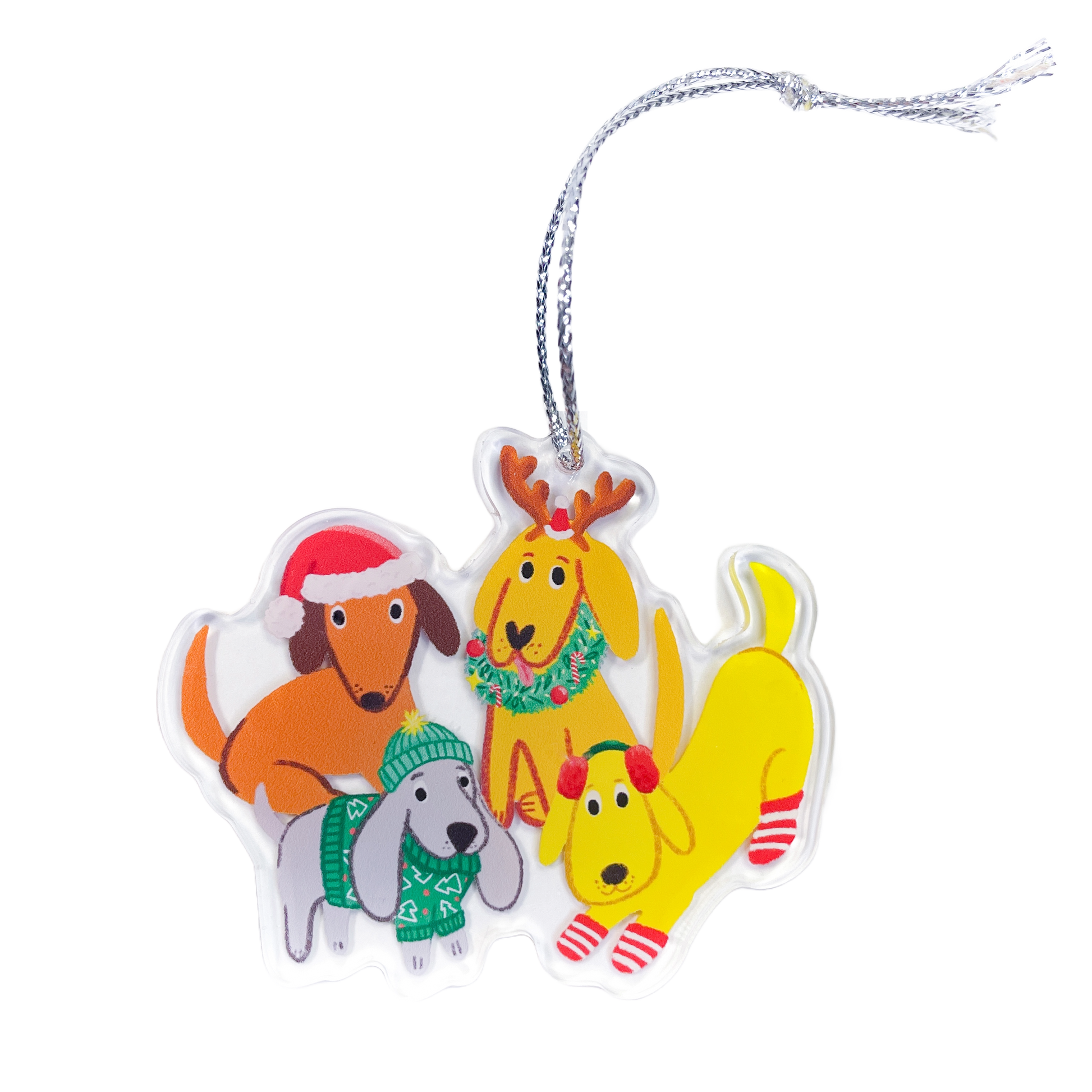 Decorative dog ornament wearing festive accessories on clear acrylic with silver string, pictured on a white background