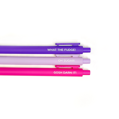grandma cuss words pen set. what the fudge purple pen. oh sugar light purple pen. gosh darn it pink pen.