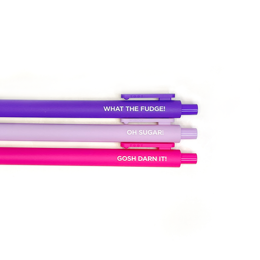 grandma cuss words pen set. what the fudge purple pen. oh sugar light purple pen. gosh darn it pink pen.