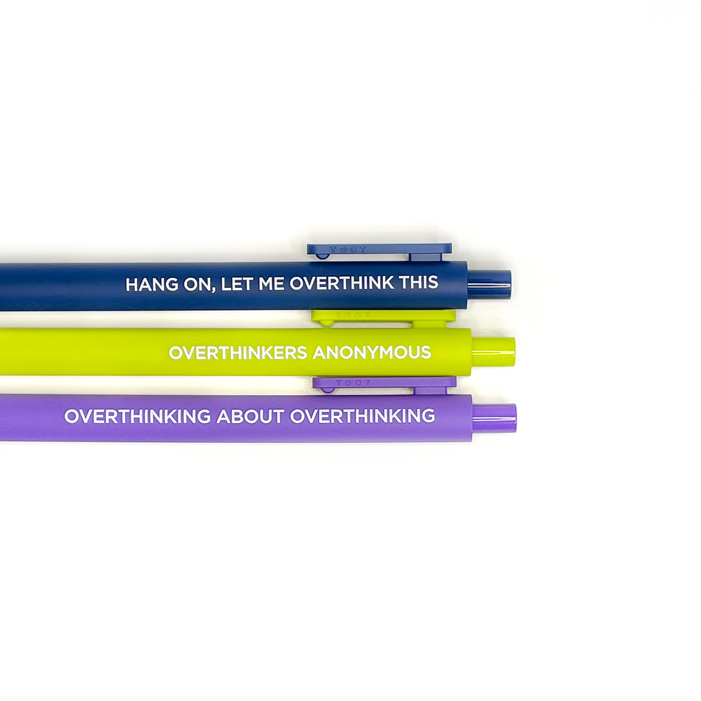 3 pens set with overthinking sayings on a white background