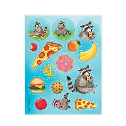 Raccoon eating junk food sticker sheet with 15 paper stickers including raccoons with pizza, donuts, burgers, fries, cookies, apples, and bananas on turquoise background - Grey Street Paper