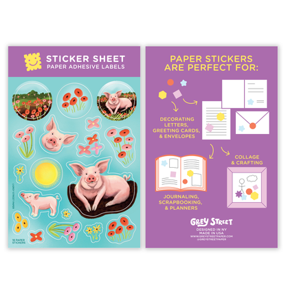 Garden Farm Pig Floral Paper Sticker Sheet